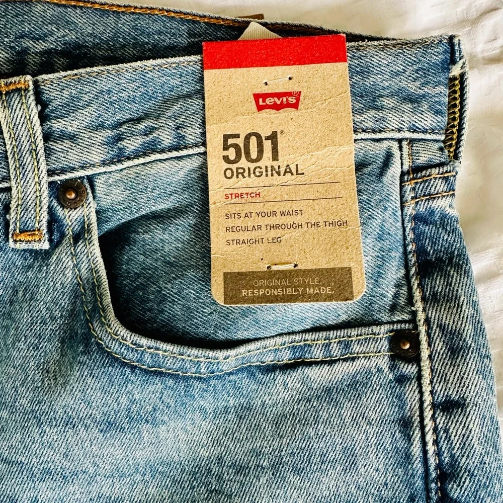 Levi’s 501 The Ben Stretch Medium Wash Button Fly Straight Leg Blue Jeans - Picture 7 of 12